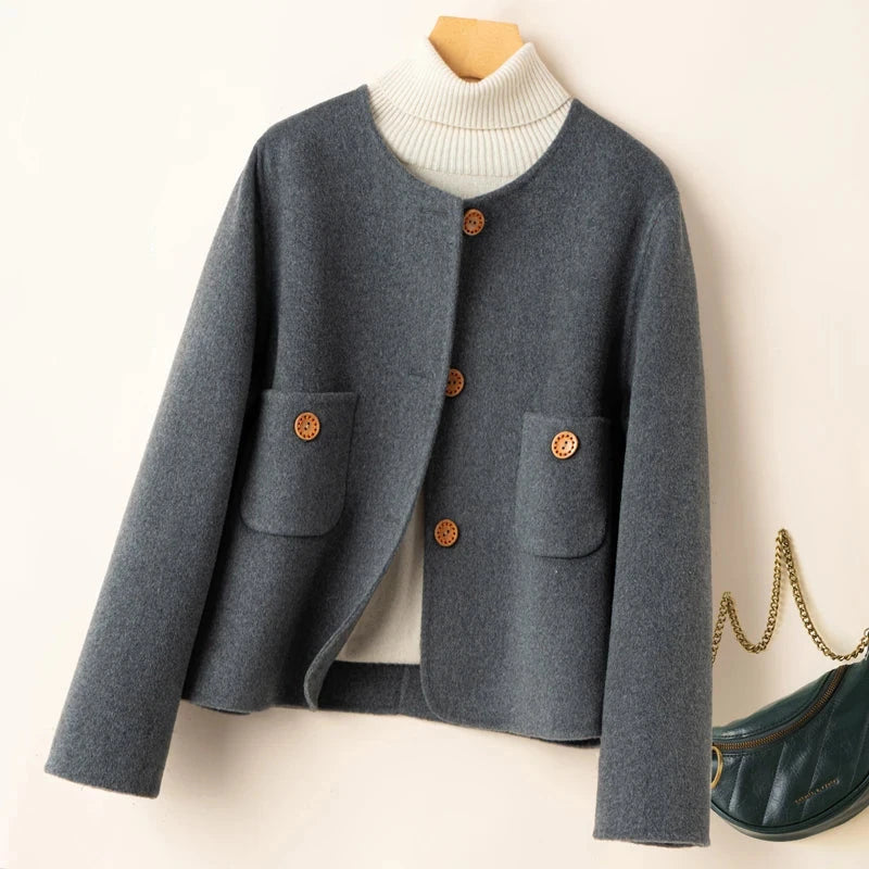 Women's Elegant Cropped Wool Blend Jacket with Round Neck and Button Front