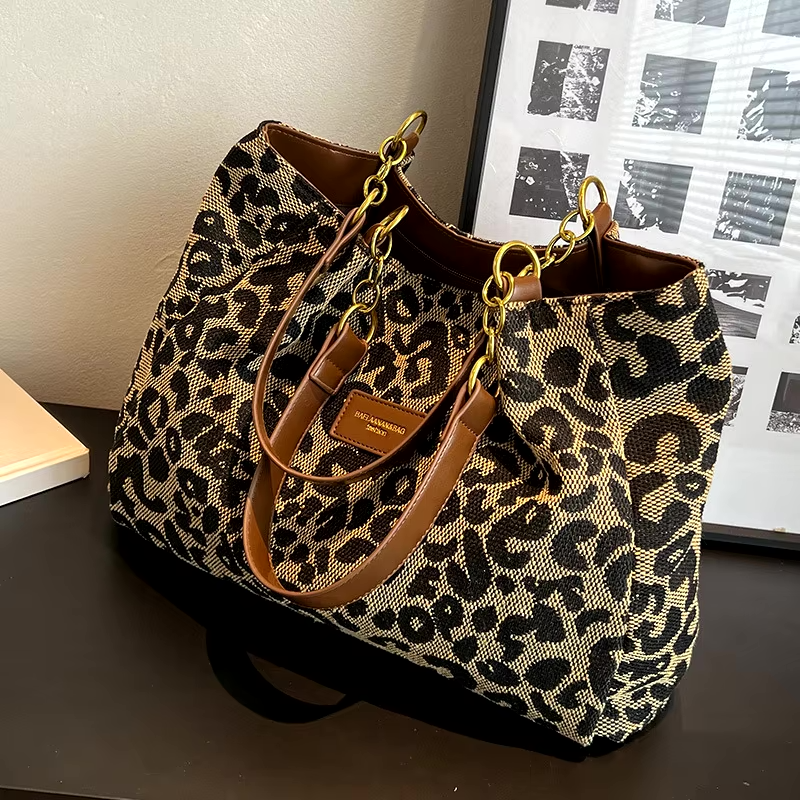 Leopard Print Canvas Tote Bag with Gold Details