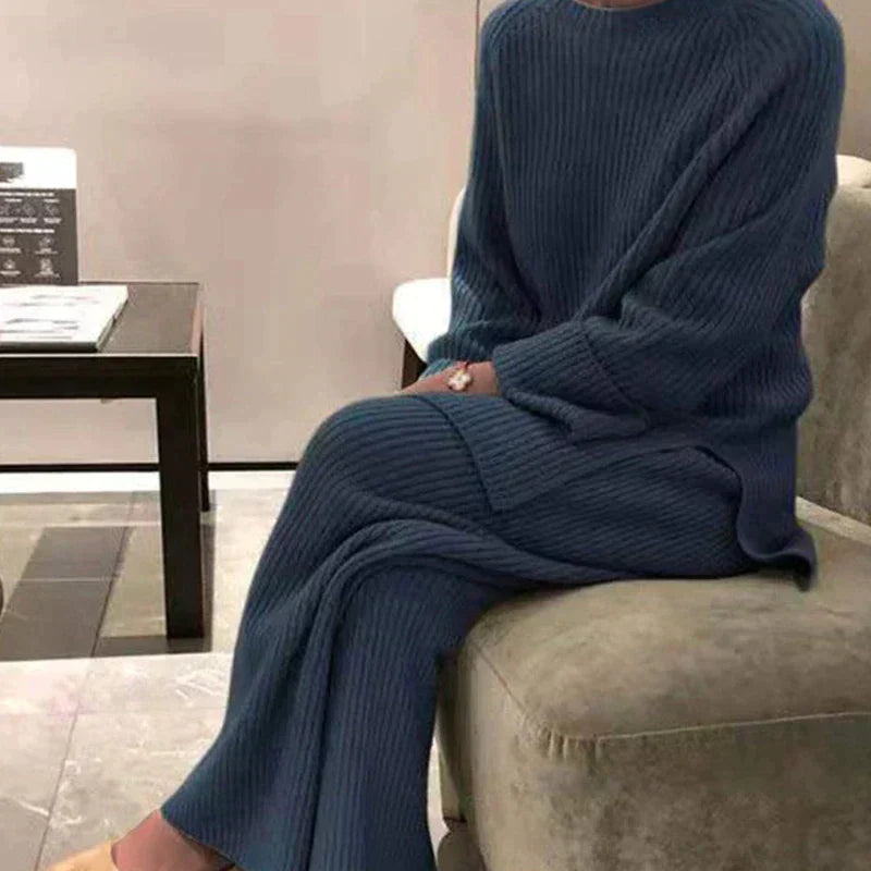 Women's Ribbed Sweater and Wide-Leg Trouser Set