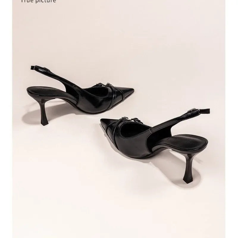 Black Pointed Stiletto Court Shoe – Buckle Strap Heel | Meave & Ivy
