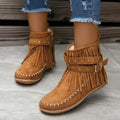 Suede Look Ankle Boots with Fringe & Studs – Western Boho Boots