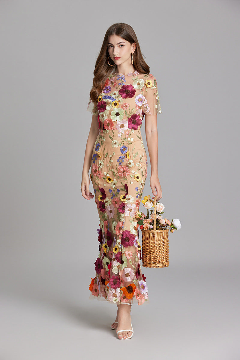 3D Floral Appliqué Wedding Guest Midi Dress