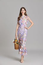 3D Floral Appliqué Wedding Guest Midi Dress