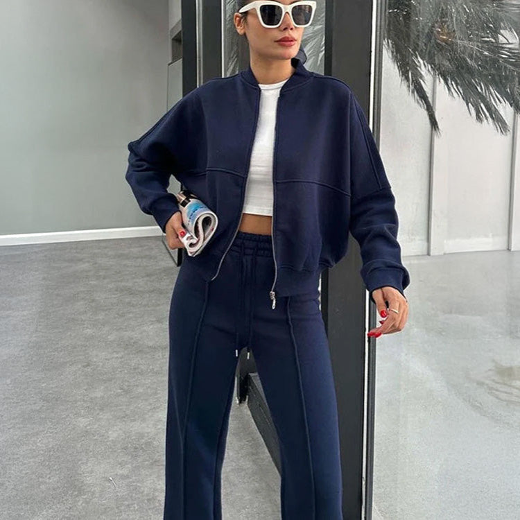 Women's Two-Piece Tracksuit Set with Cropped Zip-Up Bomber Jacket