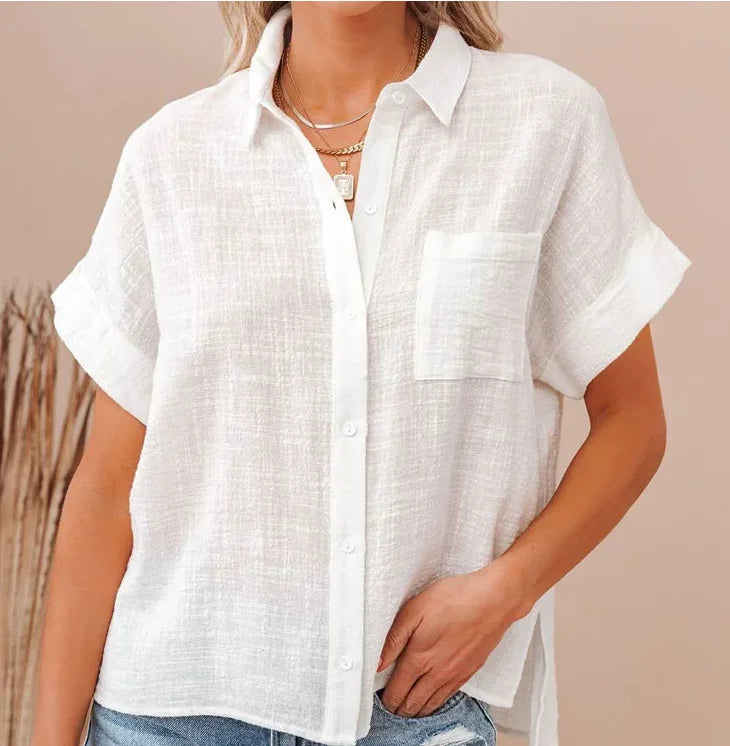 Cotton-Linen Button-Up Blouse – Short Sleeve Prints
