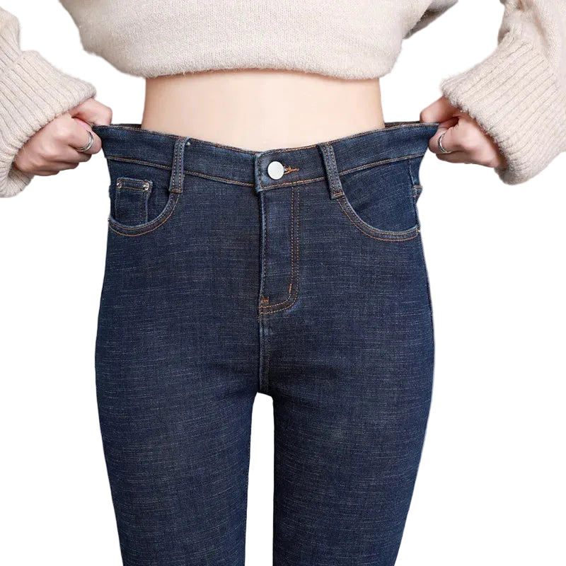 Women's Warm Fleece Lined Denim Jeans with High Waist and Stretch Fit