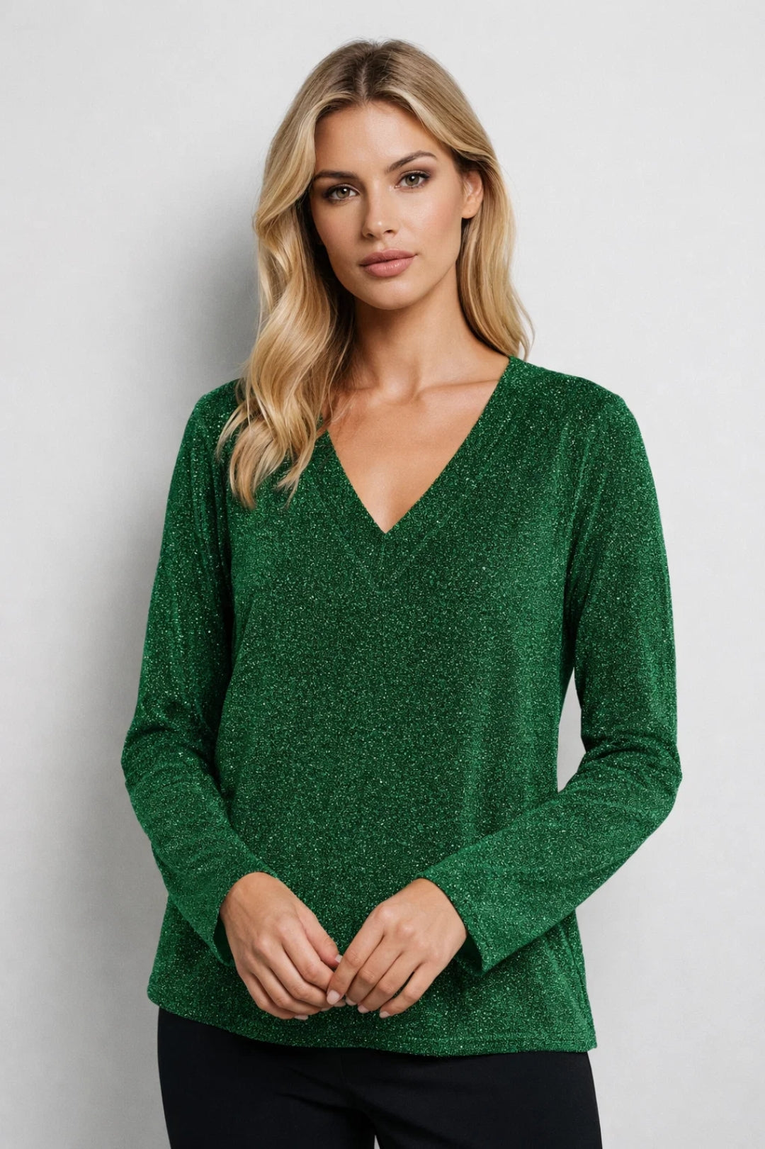 Fine-Knit V-Neck Jumper in Green – Sizes S to 5XL