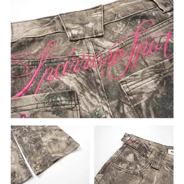 Camo Wide Leg Jeans with Pink Embroidery – Statement Streetwear Jeans