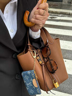 Vegan Leather Bucket Bag with Gold Lock – Structured Handbag