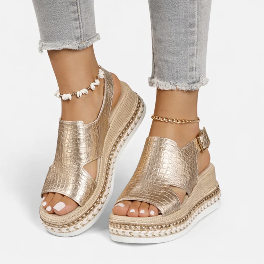 Women's Metallic Wedge Sandals with Cushioned Footbed