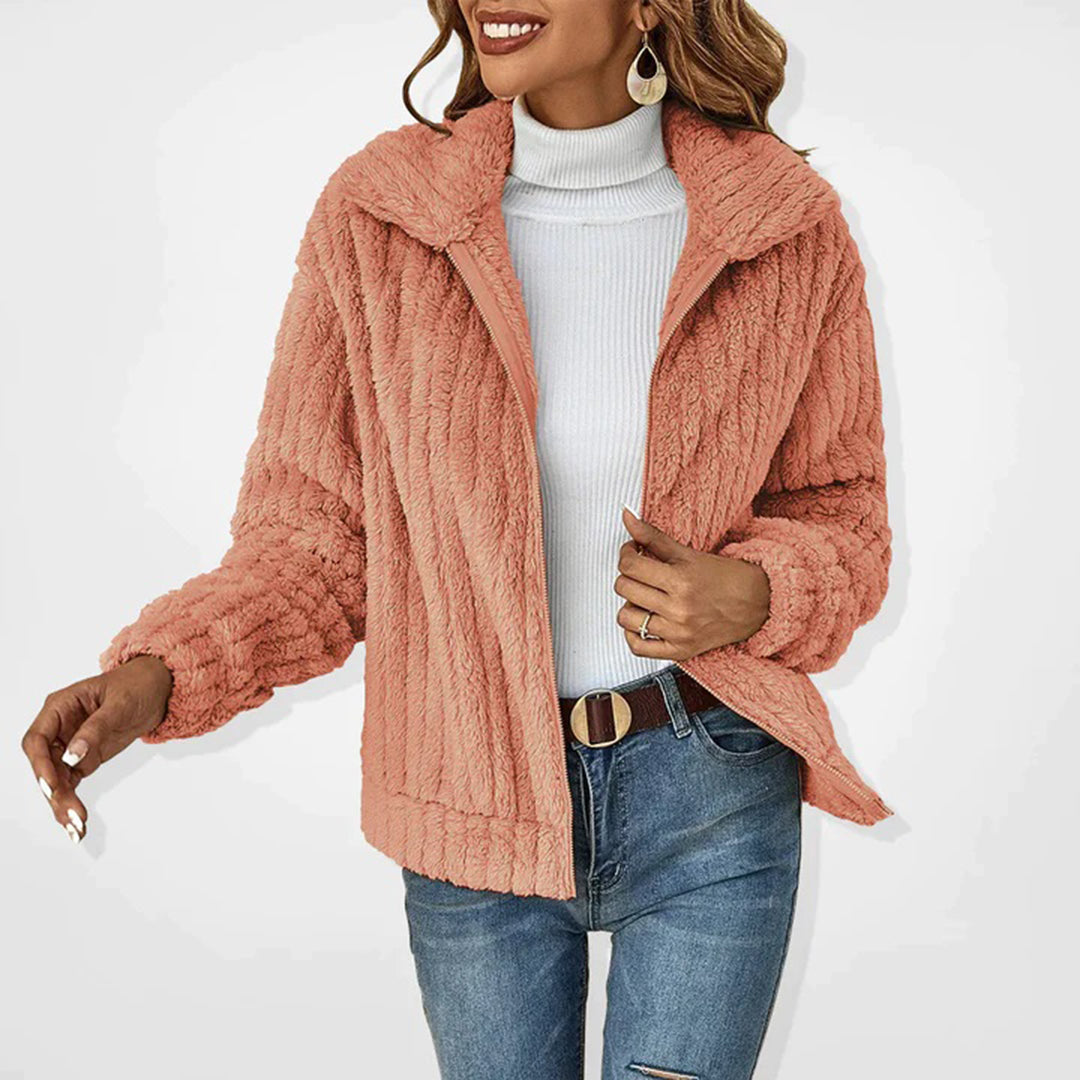 Women's Plush Fleece Zip-Up Jacket with Wide Collar