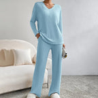 Ribbed Knit Two-Piece Set – V-Neck Top and Trousers