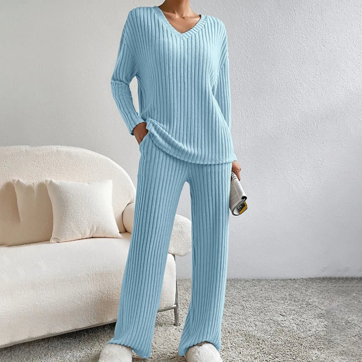 Ribbed Knit Two-Piece Set – V-Neck Top and Trousers