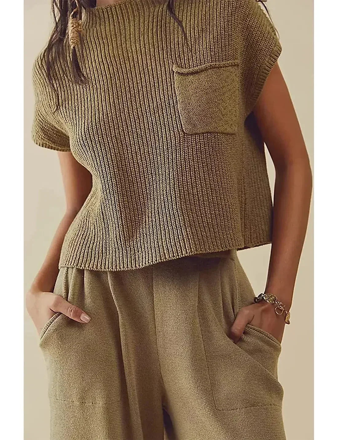 Women's Relaxed Fit Short Sleeve Knitted Top with Ribbed Texture and High