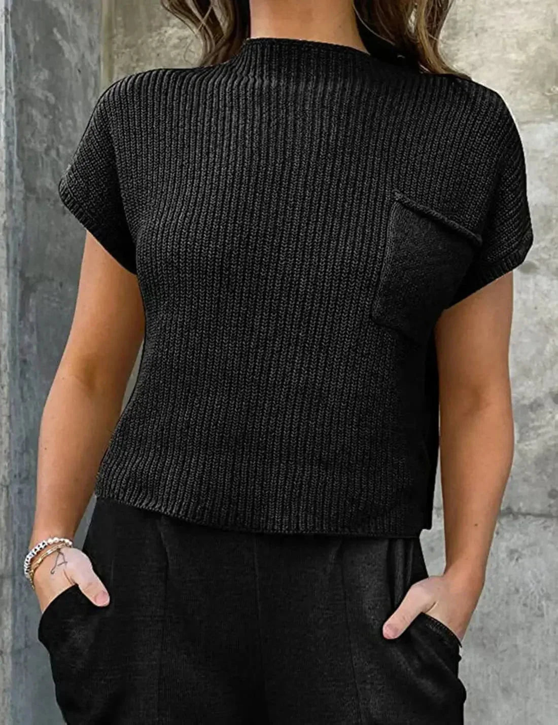 Women's Relaxed Fit Short Sleeve Knitted Top with Ribbed Texture and High
