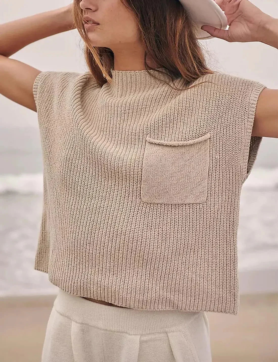 Women's Relaxed Fit Short Sleeve Knitted Top with Ribbed Texture and High