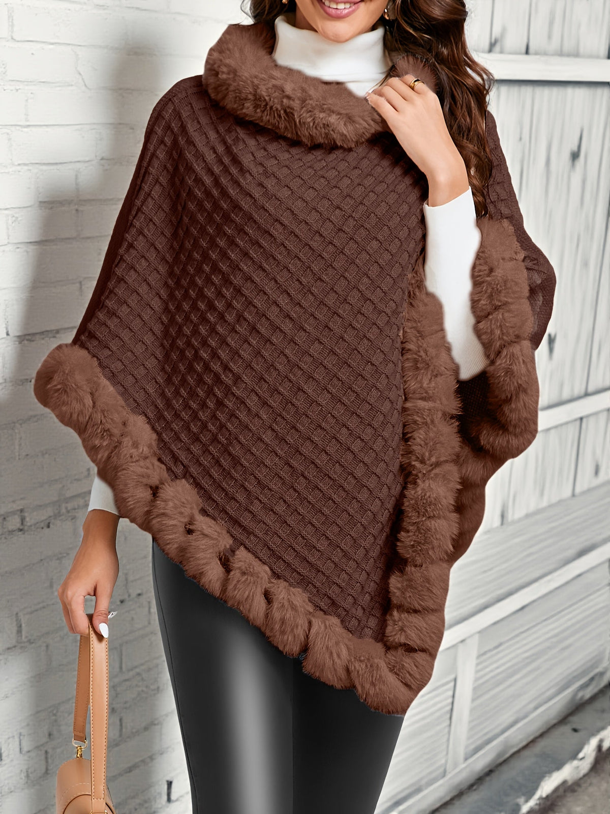Women's Textured Knitted Poncho with Plush Collar and Trimmed Hem