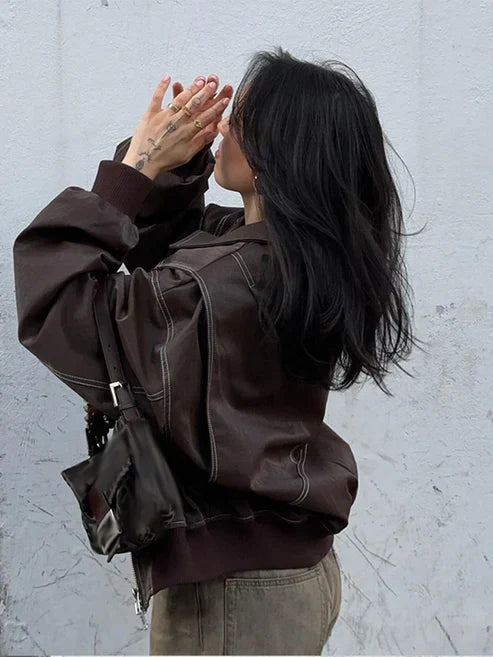 Oversized Faux Leather Jacket with Seam Details – Edgy Statement Jacket