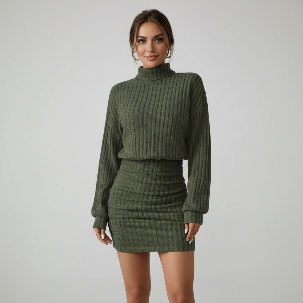 Ribbed Knit Turtleneck Dress – Long Sleeve Bodycon Jumper Dress
