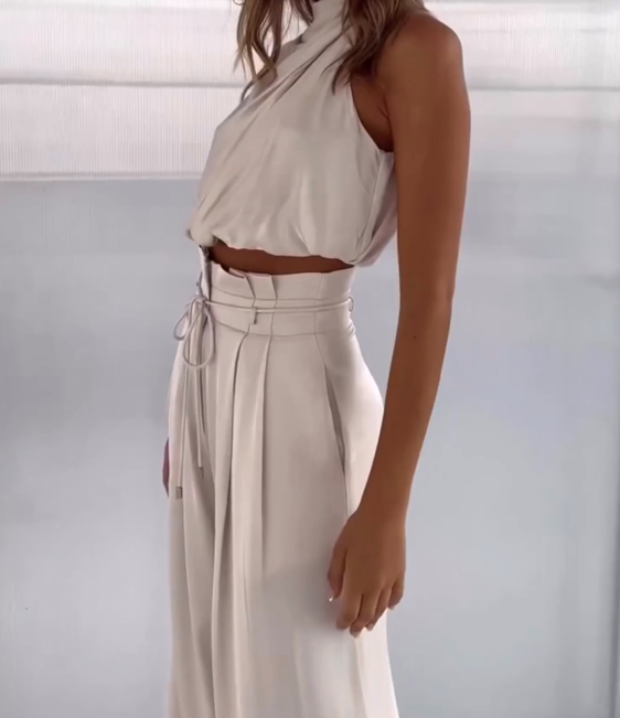Satin Halterneck Top & Wide Leg Trousers Set – Women's Evening Co-ord