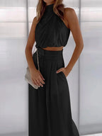 Satin Halterneck Top & Wide Leg Trousers Set – Women's Evening Co-ord