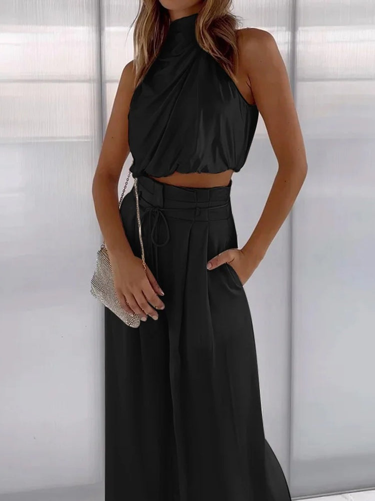 Satin Halterneck Top & Wide Leg Trousers Set – Women's Evening Co-ord
