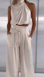 Satin Halterneck Top & Wide Leg Trousers Set – Women's Evening Co-ord