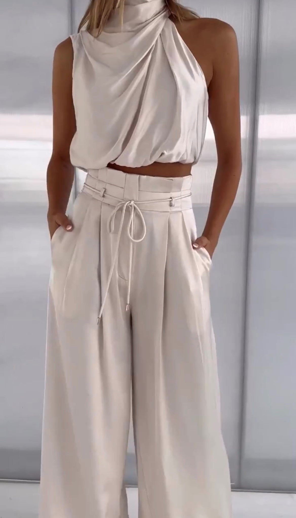 Satin Halterneck Top & Wide Leg Trousers Set – Women's Evening Co-ord