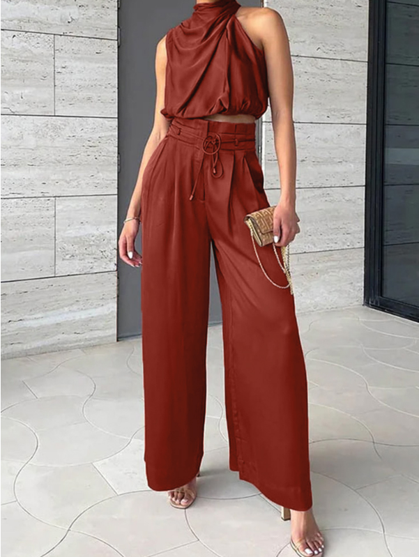 Satin Halterneck Top & Wide Leg Trousers Set – Women's Evening Co-ord