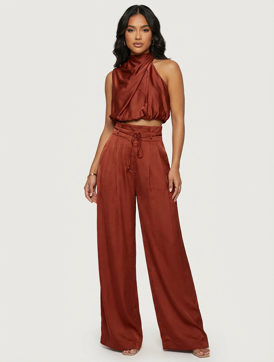 Satin Halterneck Top & Wide Leg Trousers Set – Women's Evening Co-ord