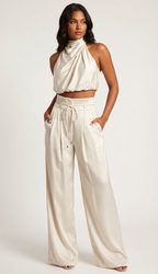 Satin Halterneck Top & Wide Leg Trousers Set – Women's Evening Co-ord
