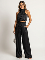 Satin Halterneck Top & Wide Leg Trousers Set – Women's Evening Co-ord