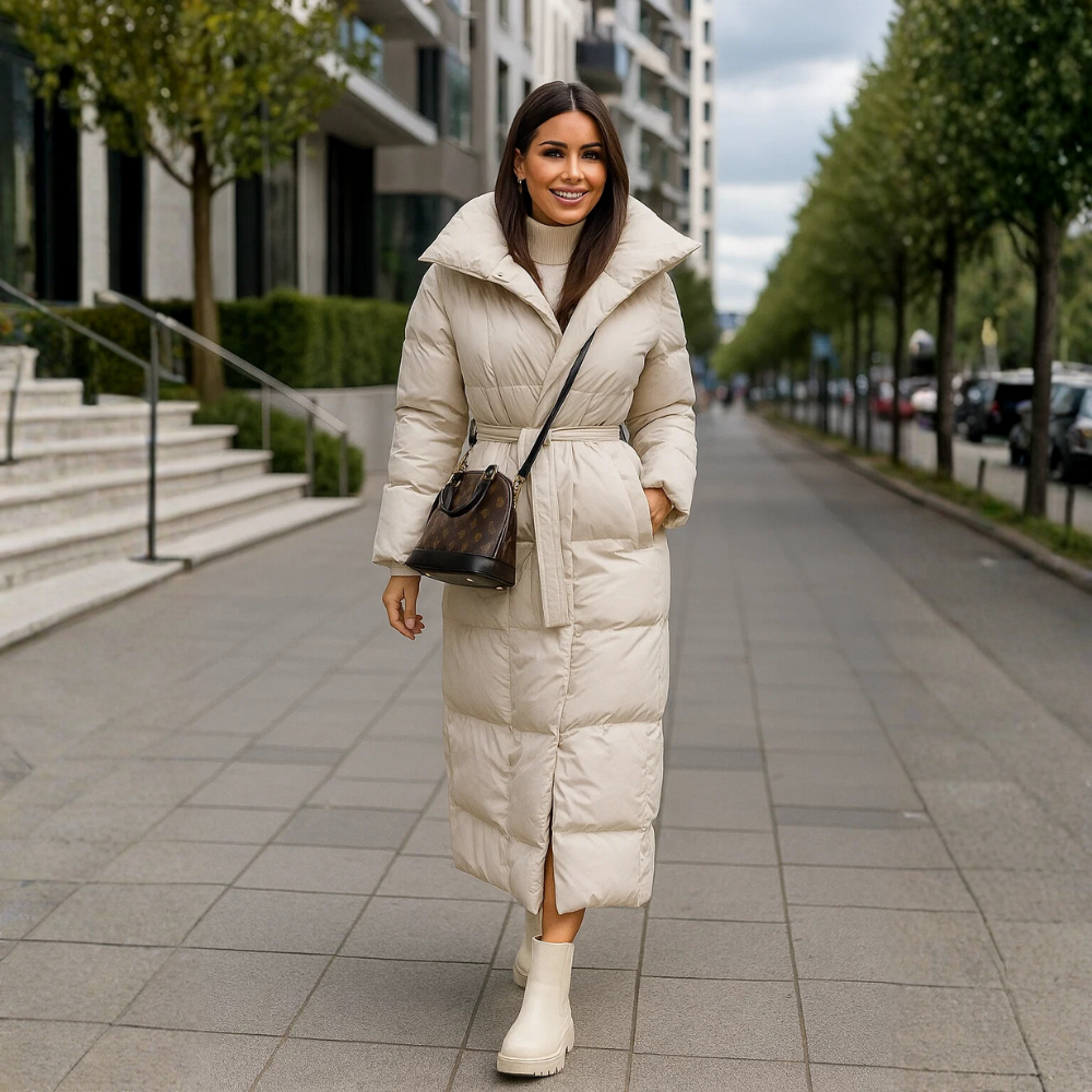Women's Long Padded Puffer Coat – Belted Oversized-Collar Winter Layer with Extended Coverage for Cold-Weather City and Everyday Wear