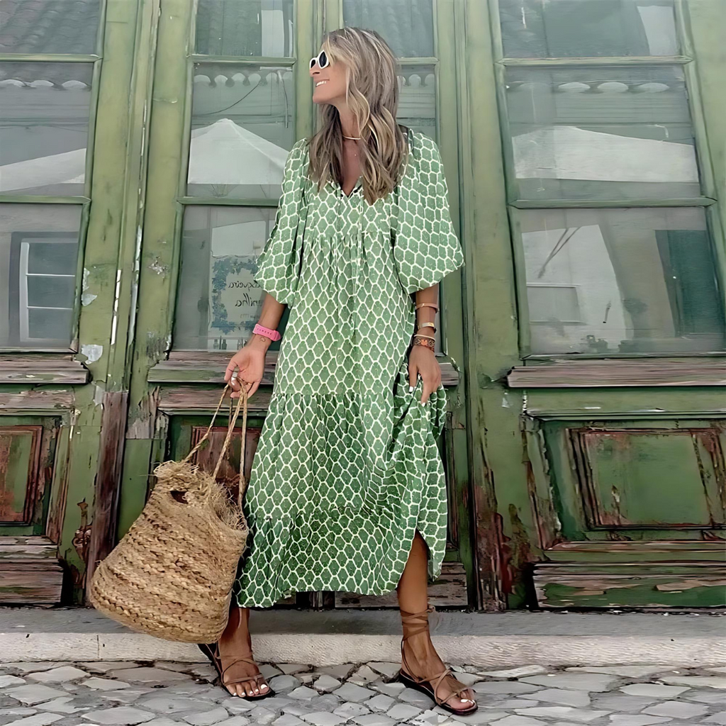 Spotted Print Tiered Boho Maxi Dress