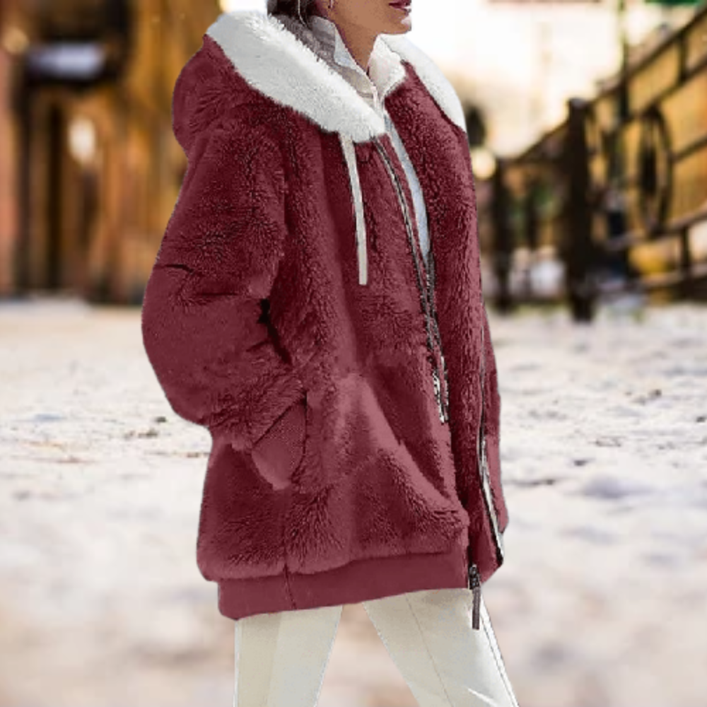 Women's Plush Hooded Winter Jacket – Soft Oversized Zip-Up Layer