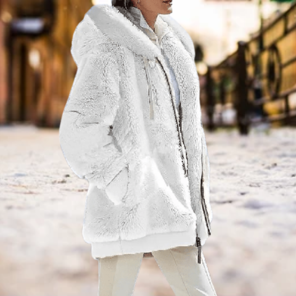 Women's Plush Hooded Winter Jacket – Soft Oversized Zip-Up Layer