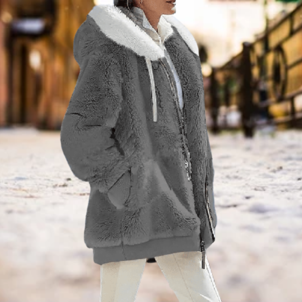 Women's Plush Hooded Winter Jacket – Soft Oversized Zip-Up Layer