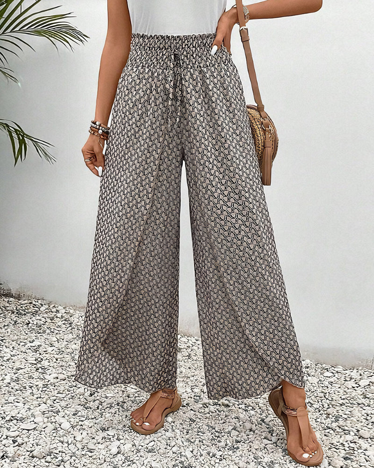 Women's Printed Wide-Leg Trousers – Lightweight High-Waisted Relaxed Style for Summer Holidays and Everyday Wear