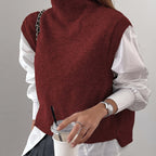 Women's High-Neck Knitted Sweater Vest with Ribbed Trims and Side Splits