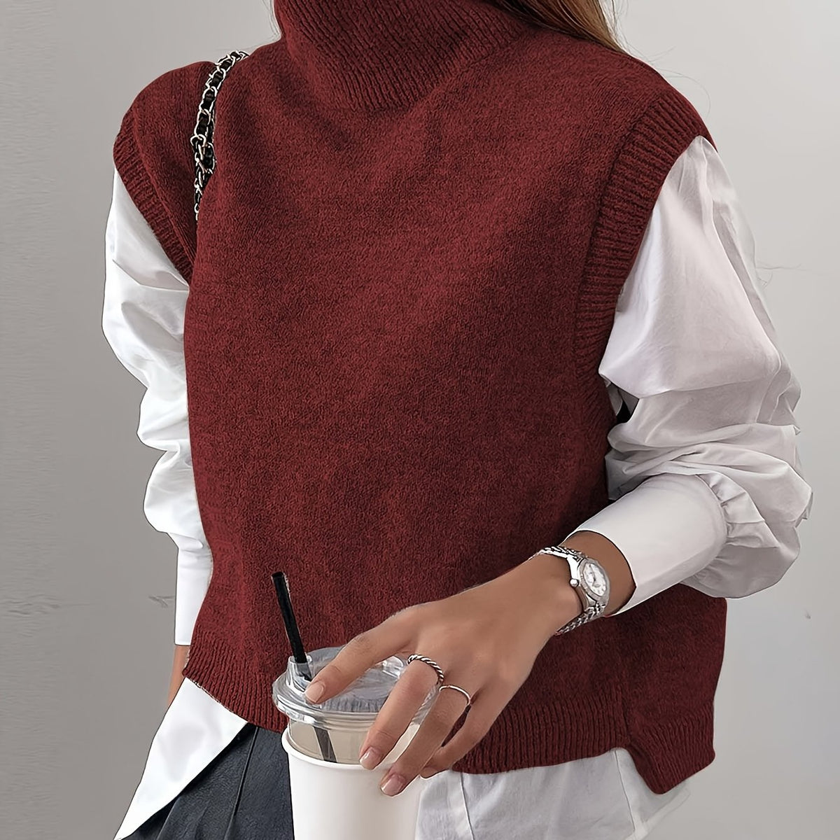 Women's High-Neck Knitted Sweater Vest with Ribbed Trims and Side Splits