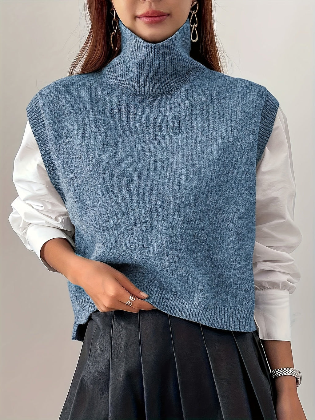 Women's High-Neck Knitted Sweater Vest with Ribbed Trims and Side Splits