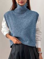 Women's High-Neck Knitted Sweater Vest with Ribbed Trims and Side Splits