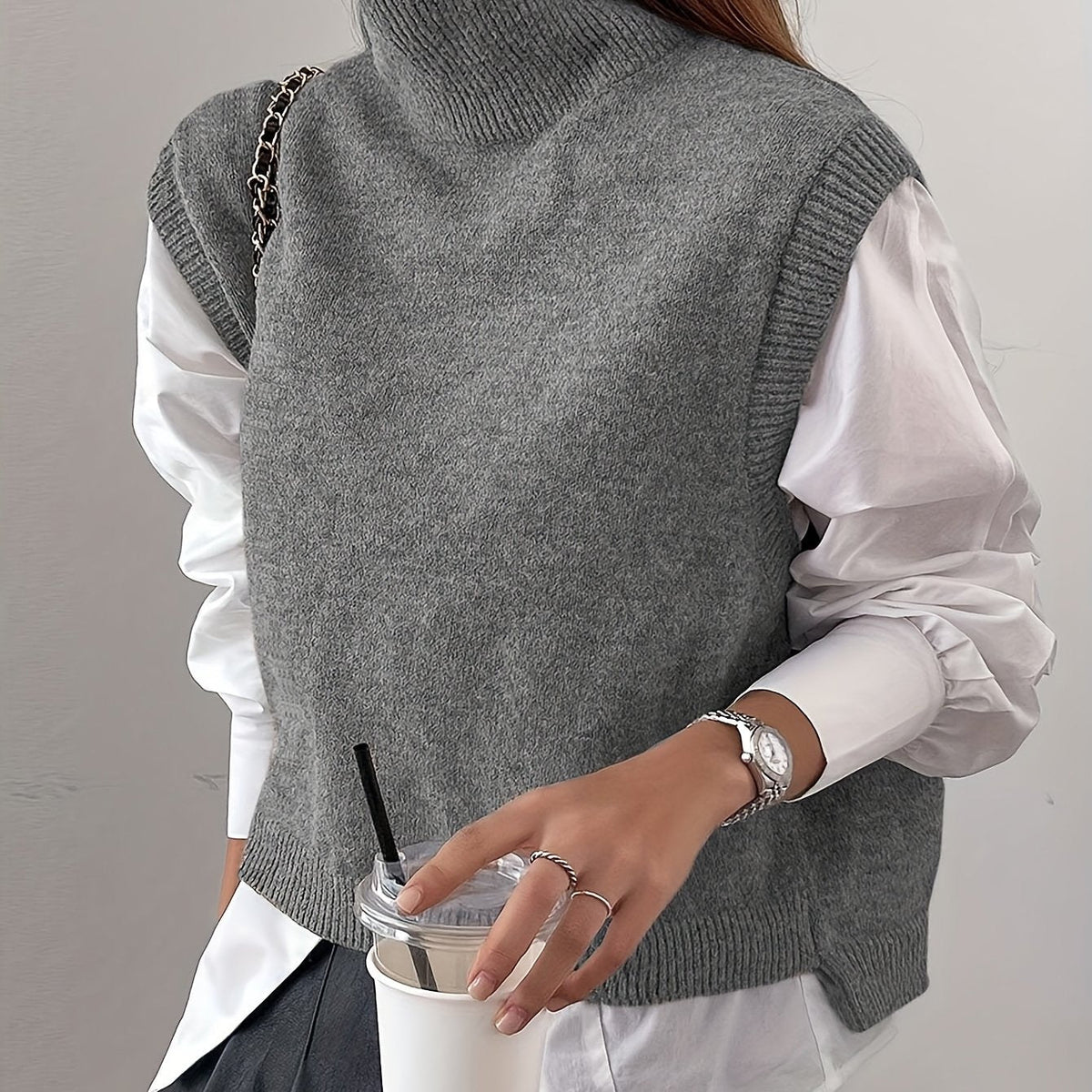 Women's High-Neck Knitted Sweater Vest with Ribbed Trims and Side Splits