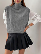 Women's High-Neck Knitted Sweater Vest with Ribbed Trims and Side Splits