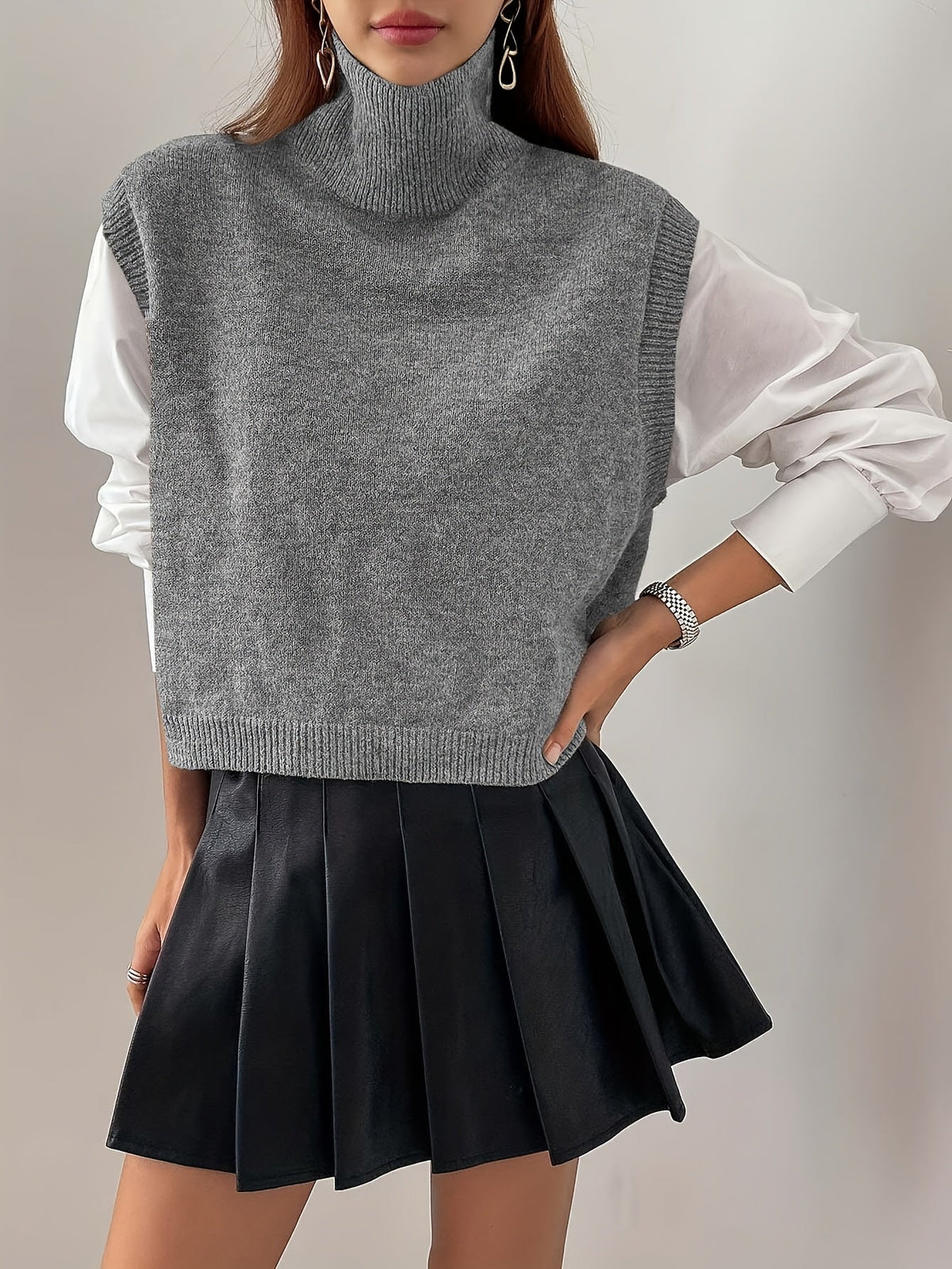 Women's High-Neck Knitted Sweater Vest with Ribbed Trims and Side Splits