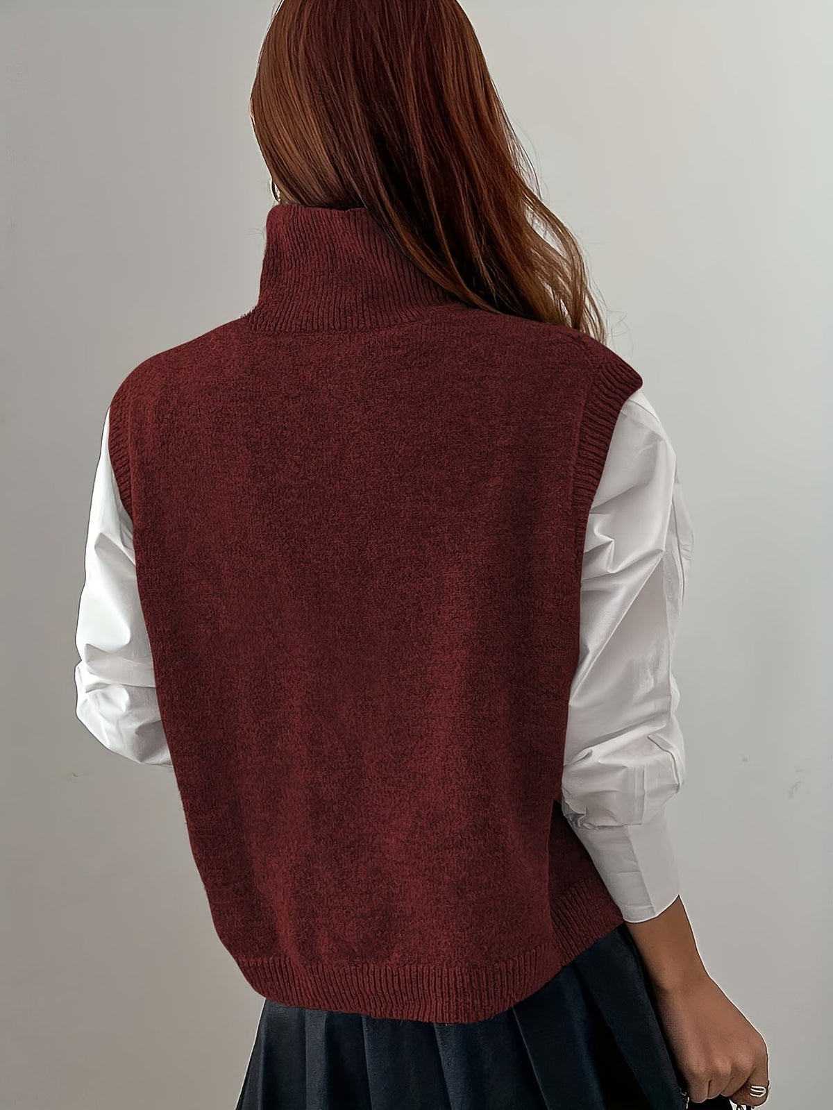 Women's High-Neck Knitted Sweater Vest with Ribbed Trims and Side Splits