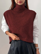 Women's High-Neck Knitted Sweater Vest with Ribbed Trims and Side Splits