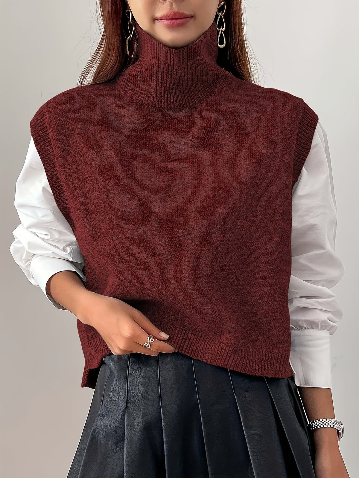 Women's High-Neck Knitted Sweater Vest with Ribbed Trims and Side Splits