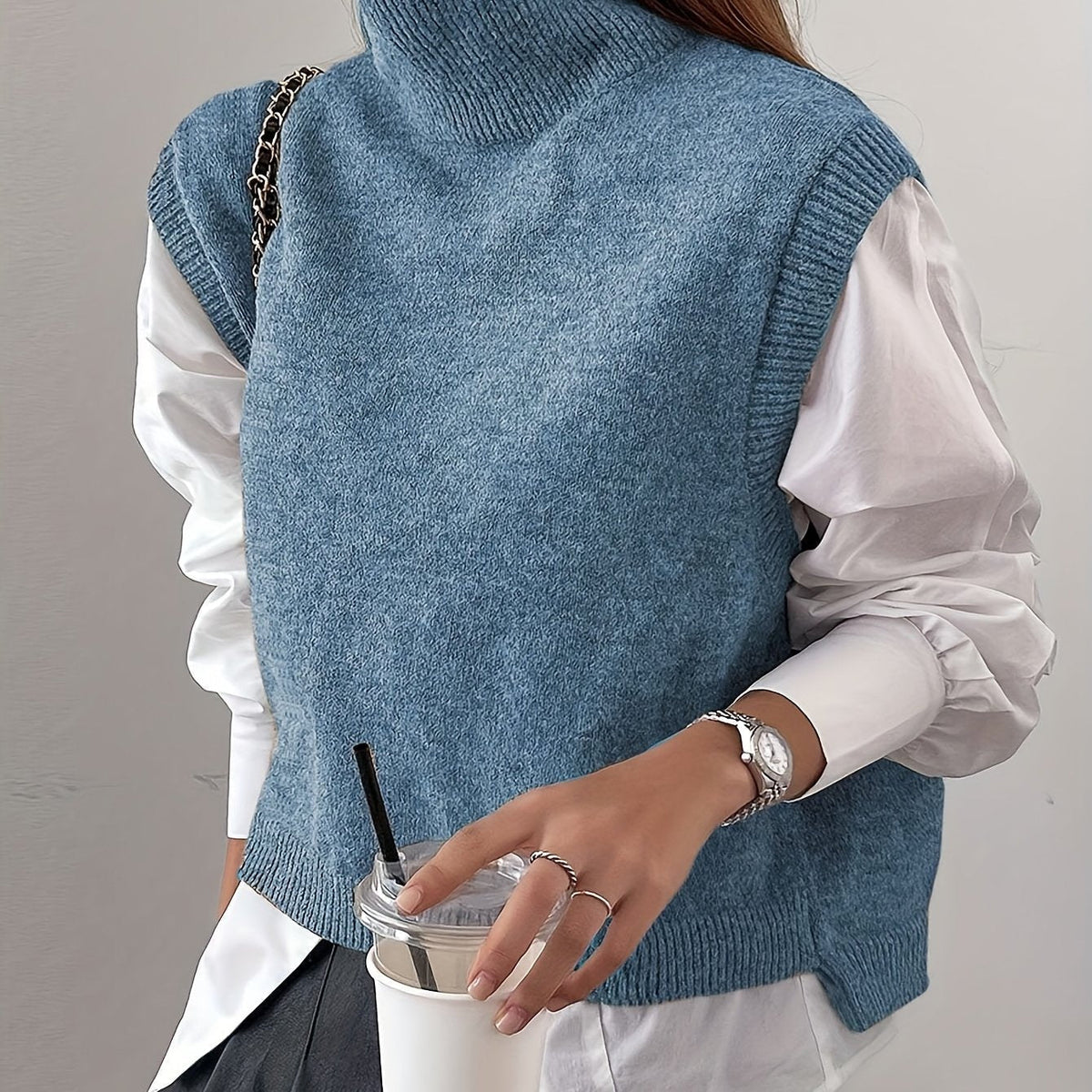 Women's High-Neck Knitted Sweater Vest with Ribbed Trims and Side Splits