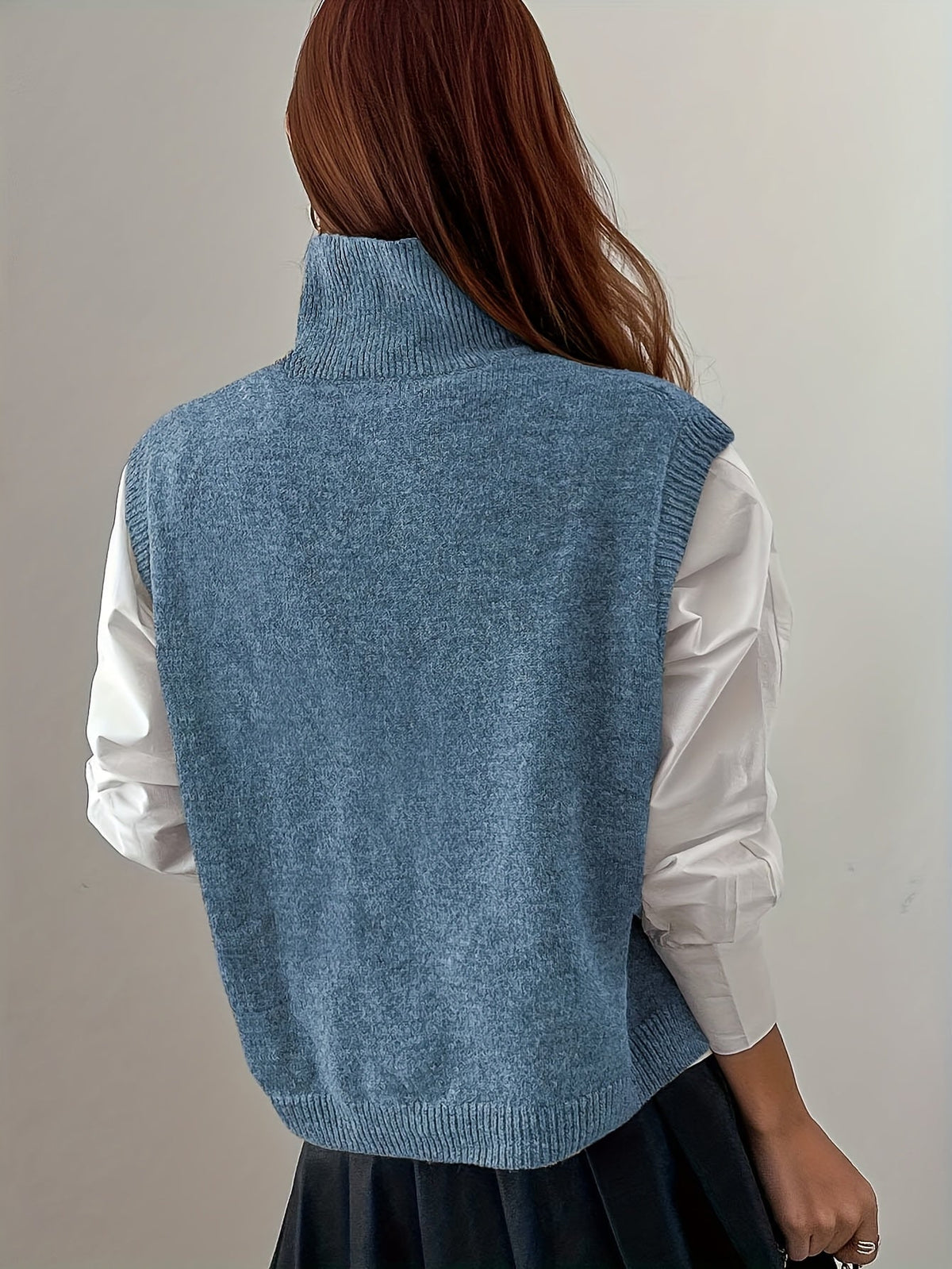 Women's High-Neck Knitted Sweater Vest with Ribbed Trims and Side Splits